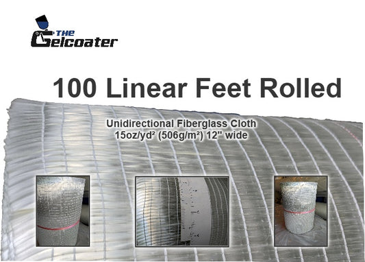 100 linear feet of 15 ounce per square yard, 506 gram per square meter unidirectional fiberglass with 3 inset photos of unidirectional fiberglass and The Gelcoater logo