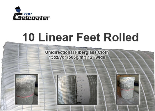 10 linear feet of 15 ounce per square yard, 506 gram per square meter unidirectional fiberglass with 3 inset photos of unidirectional fiberglass and The Gelcoater logo
