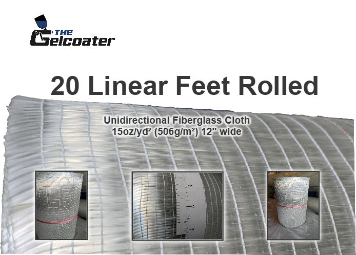 20 linear feet of 15 ounce per square yard, 506 gram per square meter unidirectional fiberglass with 3 inset photos of unidirectional fiberglass and The Gelcoater logo