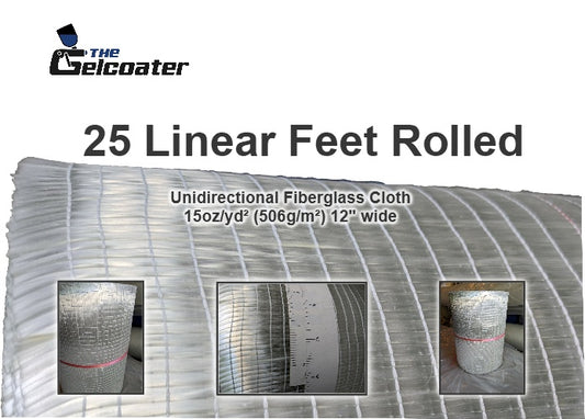 25 linear feet of 15 ounce per square yard, 506 gram per square meter unidirectional fiberglass with 3 inset photos of unidirectional fiberglass and The Gelcoater logo